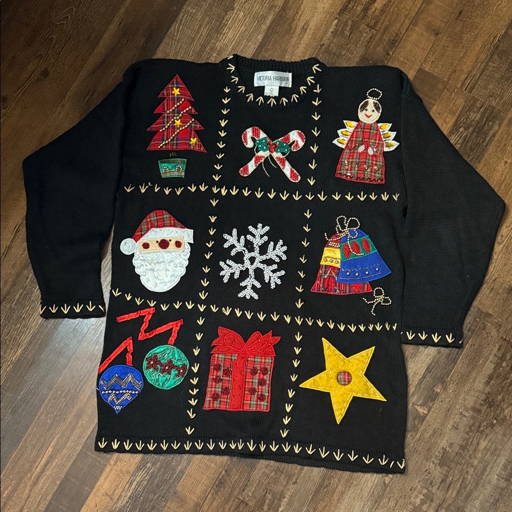 Vintage Christmas Sweater with Festive Patchwork & Embroidery